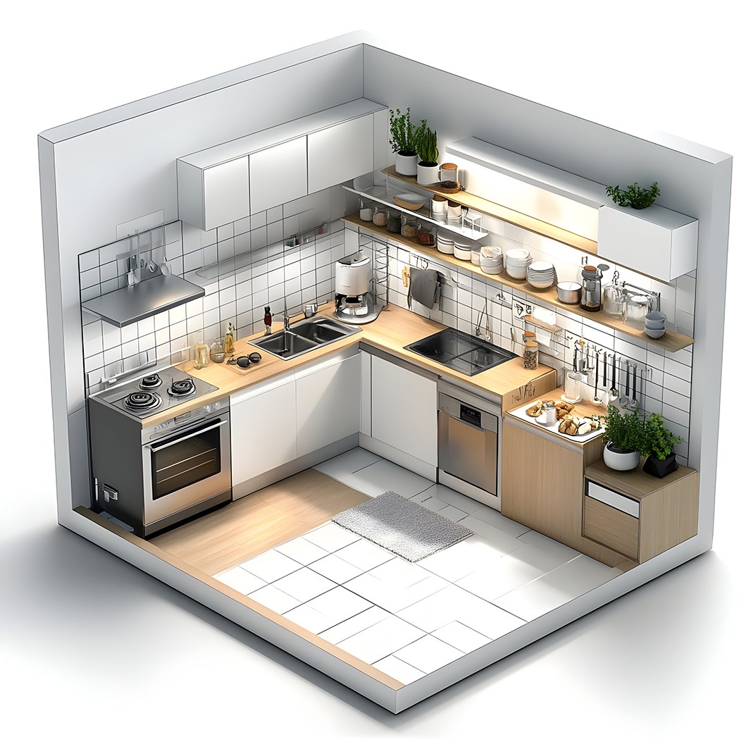 3D Illustration of Modern Kitchen Design with White Cabinets and Wood Accents